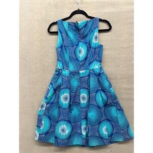 Zachary's Smile White Label Dress Womens 6 Blue Teal Geometric Pockets Fit Flare